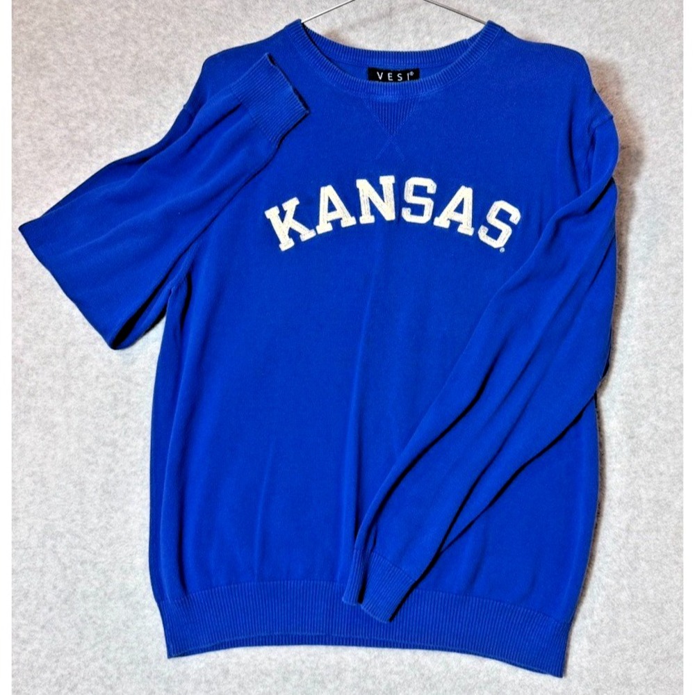Vesi Sportswear Kansas Jayhawks Men's Large Blue 100% Cotton Knit Sweater Size L